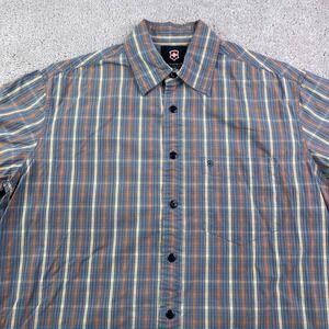 Victorinox Shirt Mens Medium Grey Checkered Cotton Short Sleeve Swiss Army